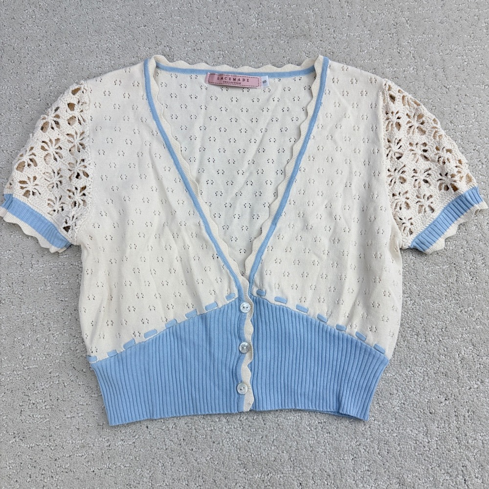 LaceMade‎ Collection Cream Blue Crochet Trim Cardigan Sweater Size S